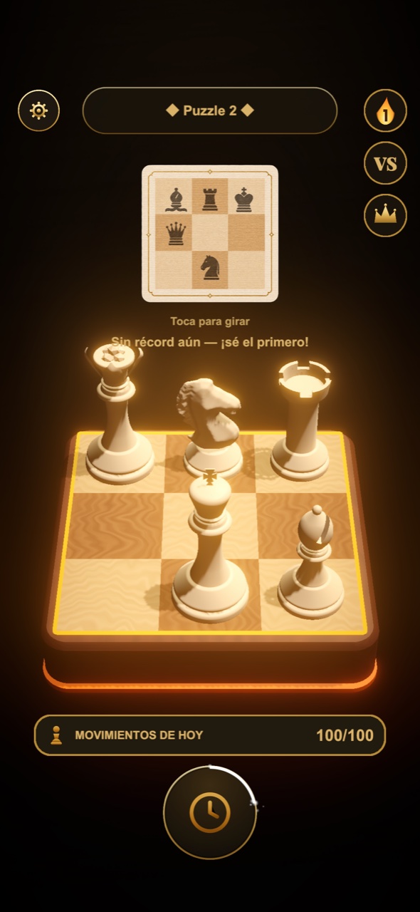 SoliChess main game screen: 3D 3×3 board with white pieces and the target card
